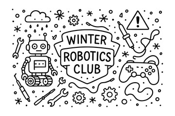 Winter robotics club emblem with tools and technology icons in linear style