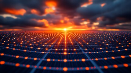 Futuristic sunset and network grid.