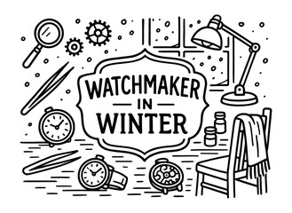 Intricate watchmaker workshop in winter theme with hand-drawn elements