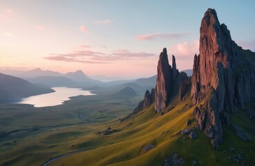 Majestic rock pillars pierce soft sky in vast green landscape. Tranquil lake reflects pink, blue hues at dawn dusk. Distant mountains complete serene wild nature view. Narrow winding road leads