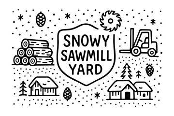 Fototapeta premium Cozy winter sawmill scene with snowflakes, log cabin, and trees