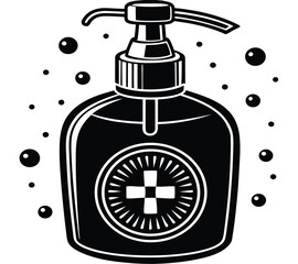 Black and white graphic illustration of a hand sanitizer bottle with a cross symbol on a white background, surrounded by bubbles, representing hygiene and cleanliness in a minimalist style