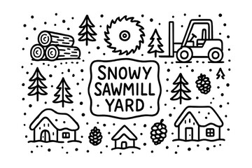 Fototapeta premium Winter sawmill yard with snow, trees, cabins, and wood processing equipment in linear style