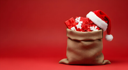 Santas sack full of gifts and santas hat on red background for christmas celebration