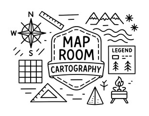 Fototapeta premium Vintage map icons: compass, mountains, and cartography elements in linear style