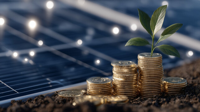 Sparkling coins arranged near small green sprout, sunlight casting long shadows across field of solar panels, illustration of eco-friendly economic progress