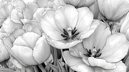 Detailed vector sketch of a tulip garden viewed from above, with fine outlines of petals overlapping naturally. The pure white background emphasizes the organic symmetry. Ideal for nature-based , 