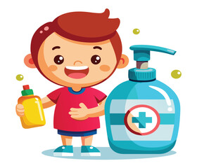 Cheerful cartoon boy promoting hand hygiene with two bottles of antiseptic hand sanitizer on a clean white background, emphasizing cleanliness and health protection