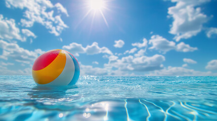 Colorful beach ball floating on clear blue ocean water under bright sunlight and a sky filled with fluffy white clouds. 
