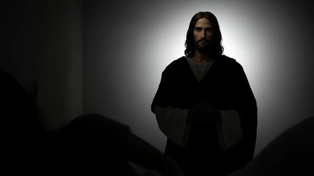 Woman in bed looking at phone with Jesus appearing from light in darkness, spiritual encounter and hope for faith.