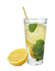 Refreshing water with lemon and mint isolated on white