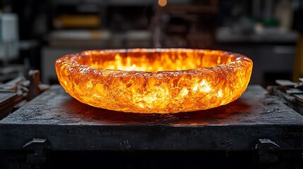 Glowing molten metal circle in workshop.