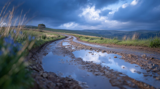 Worn rural road with uneven surface, puddles of water mirroring heavy gray clouds, dramatic natural lighting highlighting surface textures