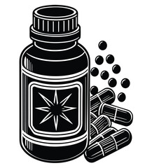 Vector illustration of an isolated black and white plastic medicine bottle and glass container with blank space