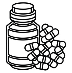 A minimalist illustration of a pill bottle with a cap and a pile of capsules, symbolizing medication, health, and pharmaceutical care in a clean, modern graphic representation