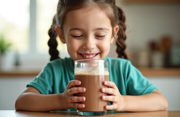 Little girl with pigtails enjoys chocolate milk in a glass. Closeup shot shows happy child drinking beverage indoors. Kid at kitchen table holding beverage.