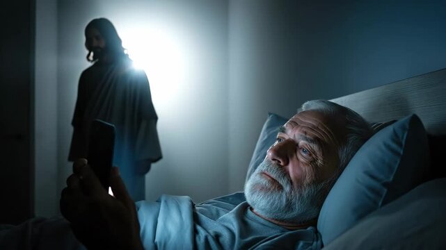 Religious man using smartphone in bed with Jesus figure hovering, representing a distracted spiritual state. Christianity concept