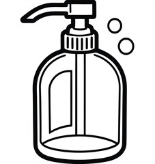 Hand soap dispenser with pump and bubbles, a simple outline illustration on a white background, representing hygiene and cleanliness for personal care and household use