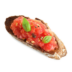 Tasty bruschetta with tomatoes and basil isolated on white, above view