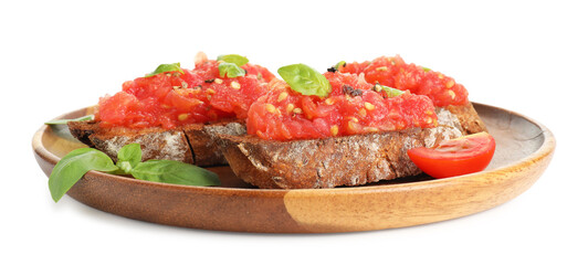 Tasty bruschettas with tomatoes and basil isolated on white