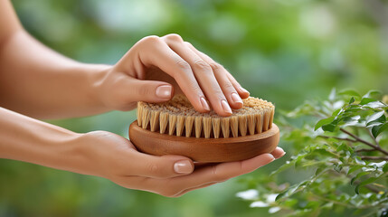 Woman holding brush against green background