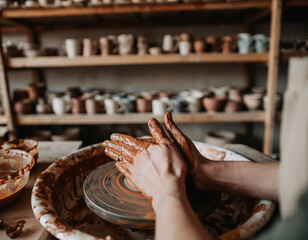 Hands shaping clay on pottery wheel in artisan workshop