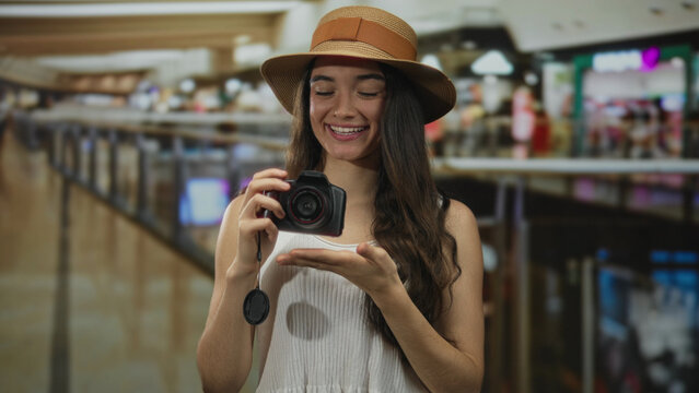 Woman in straw hat holding camera in hand making ok sign with other hand while smiling in mall; happiness.