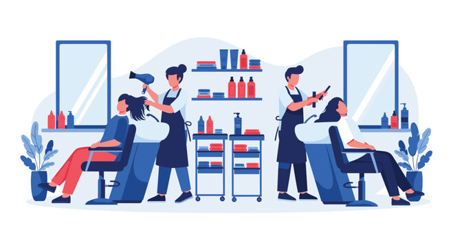 Vibrant illustration of a bustling hair salon with stylists washing, drying, and cutting clients' hair.