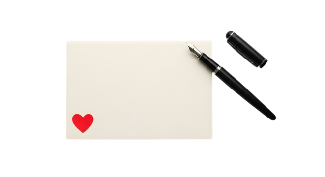 Blank paper with red heart and black pen