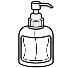 Outline illustration of a hand soap dispenser with a pump. A simple black and white vector graphic icon representing hygiene, skincare, and cleanliness, isolated on a white background