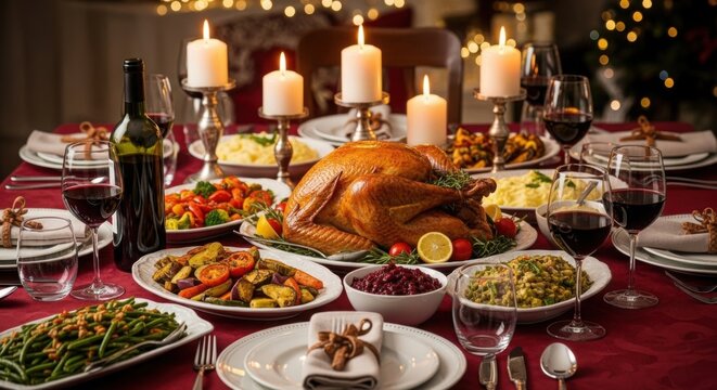 Holiday Christmas dinner table setting with turkey, candles, and wine glasses