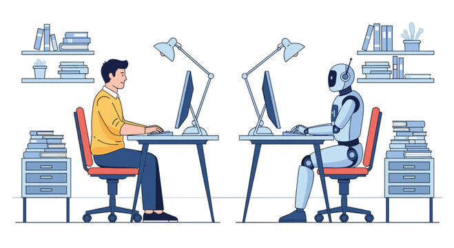 A man and a humanoid robot work side-by-side at individual desks with computers in an office setting, symbolizing the integration of AI in the workplace.