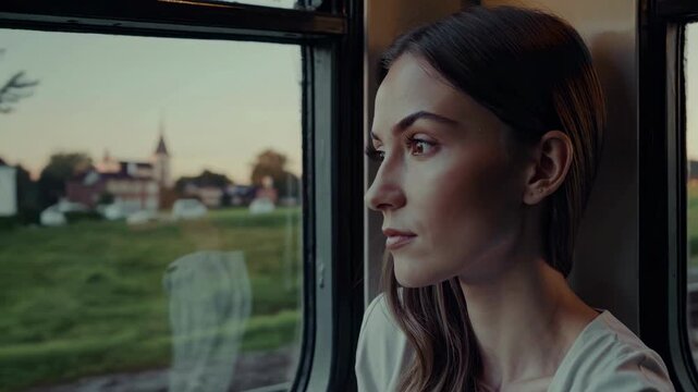 Side profile of a woman gazing out a train window, captured in a cinematic video style with a soft focus and warm lighting, evoking a sense of contemplation.