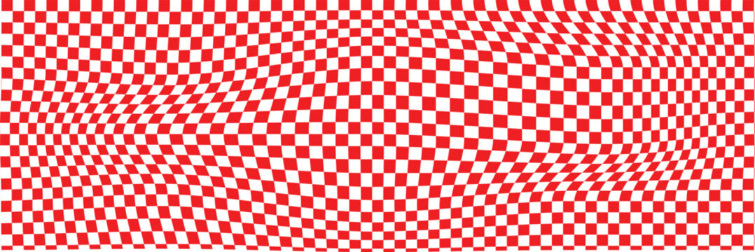 Trippy design with distortion grid effect. Twisted wavy and groovy geometrical chessboard. Psychedelic dynamic banner background. Retro 70s trippy hippie wavy aesthetic chess backdrop in black 