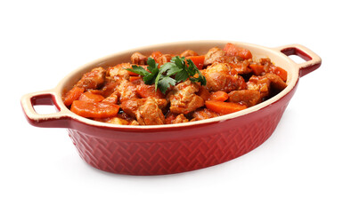 Delicious cooked stew in baking dish isolated on white