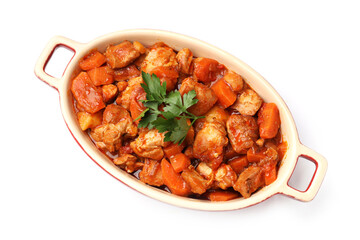Delicious cooked stew in baking dish isolated on white, top view