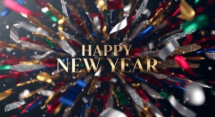 Happy new year celebration with confetti streamers and text on black background