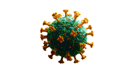 Microscopic view of a spherical virus particle with green and orange protrusions on a black background