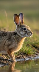 Obraz premium Alert Brown Hare Drinking at Water's Edge with Reflection in Golden Light