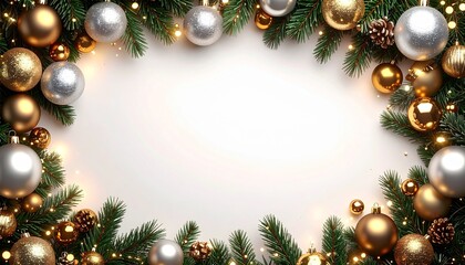 Marco  decorativo con temática navideña. Está compuesta por ramas de pino o abeto de color verde oscuro, muy frondosas, que rodean un espacio central en blanco. 