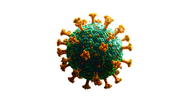 Microscopic view of a spherical virus particle with green and orange protrusions on a black background