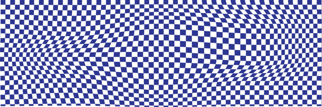 Trippy design with distortion grid effect. Twisted wavy and groovy geometrical chessboard. Psychedelic dynamic banner background. Retro 70s trippy hippie wavy aesthetic chess backdrop in black 