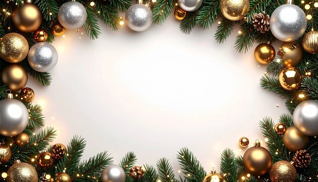 Marco  decorativo con temática navideña. Está compuesta por ramas de pino o abeto de color verde oscuro, muy frondosas, que rodean un espacio central en blanco. 