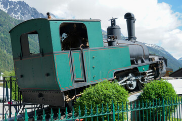 A train is on display in a park in city Chamonix in France