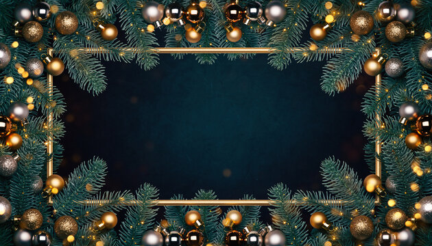 Marco  decorativo con temática navideña. Está compuesta por ramas de pino o abeto de color verde oscuro, muy frondosas, que rodean un espacio central en blanco.  - Powered by Adobe