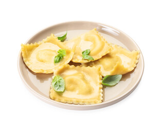 Delicious ravioli with basil isolated on white