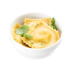 Delicious ravioli with basil in bowl isolated on white