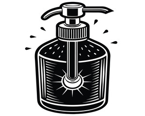 A stylized black and white illustration of a pump dispenser bottle, likely containing hand sanitizer, emitting radiating lines suggesting hygiene or cleansing action