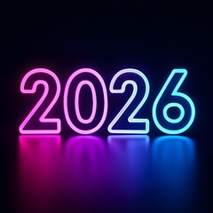 Bright neon 2026 numbers glowing pink and blue on dark background