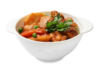Delicious cooked stew in bowl isolated on white
